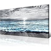 Wapluam Large Canvas Wall Art For Living Room & Bedroom Decor - Black & White Blue Sea Wave Pictures - Framed Beach Posters