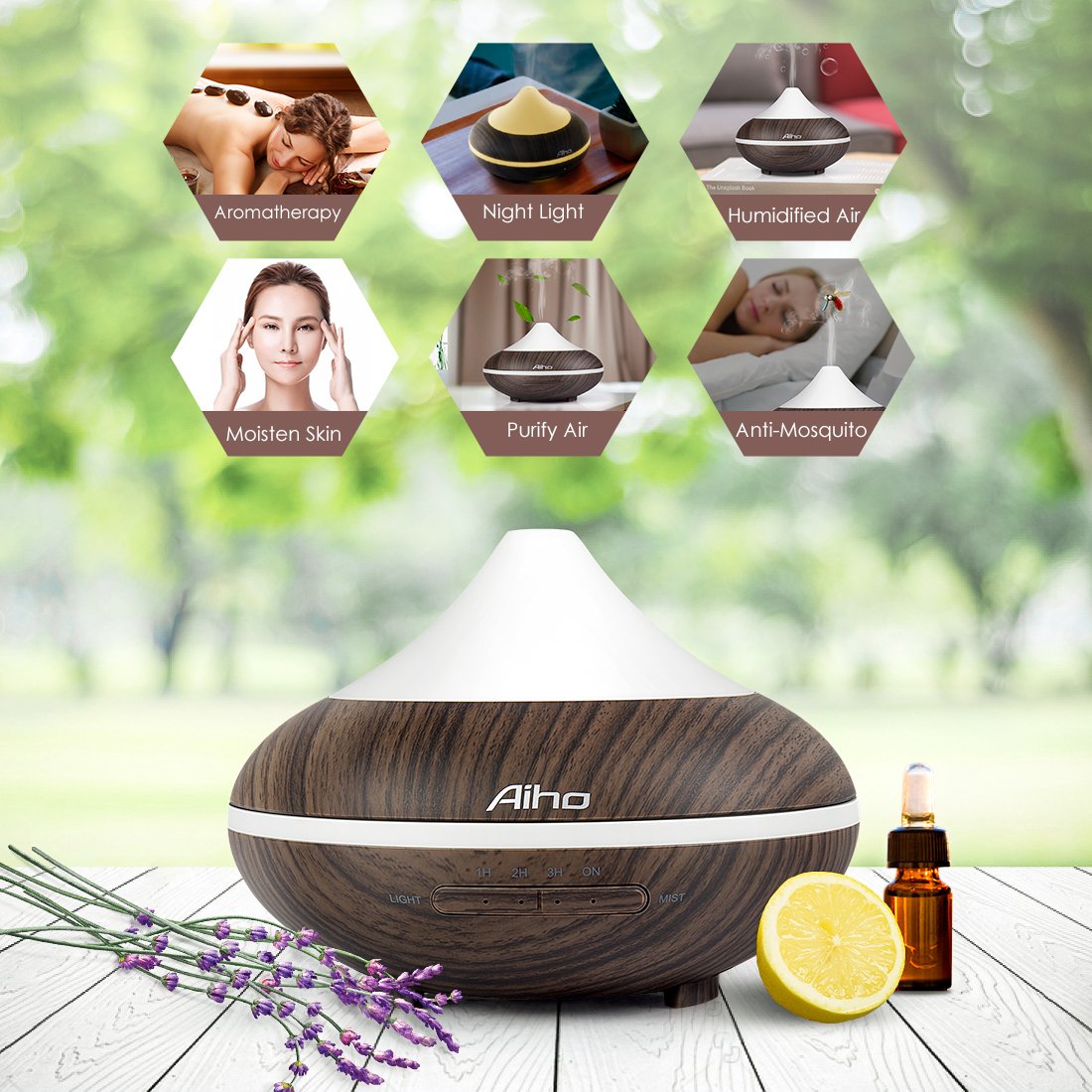 Aiho Aromatherapy Essential Oil Diffuser 200ML 5-IN-1 Cool Mist Mini Ultrasonic Humidifier With 7 Color Changing Lamps 4 Timer Settings and Waterless Auto Shut-Off