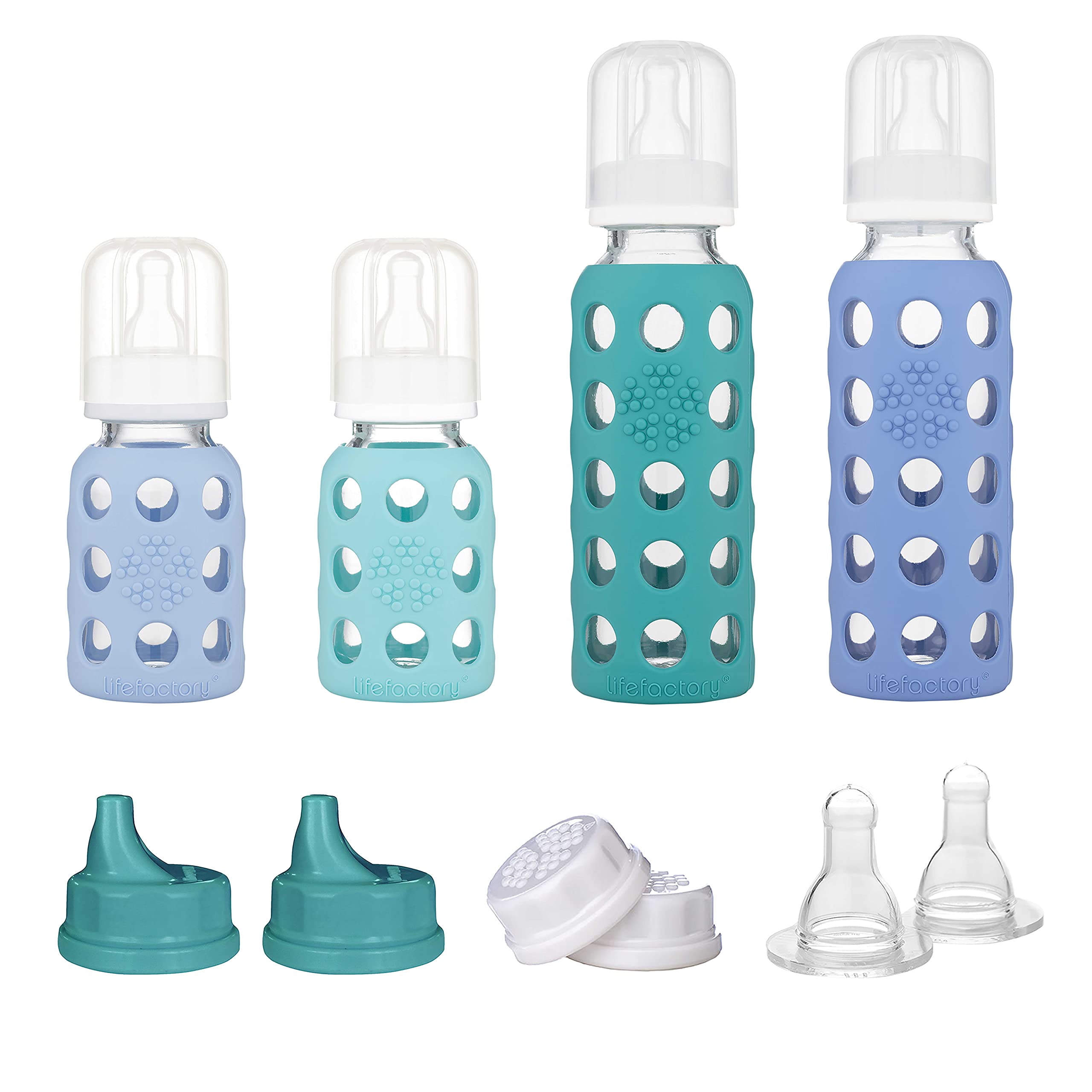 Photo 1 of Lifefactory Baby Bottle Starter Set 10-Piece | 4 oz Mint & Blanket, 9 oz Kale & Blueberry | Includes Flat Caps, Sippy Caps, Stage 2 Nipples