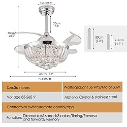 YPQXYHDA Dimmable Fandelier Crystal Ceiling Fan