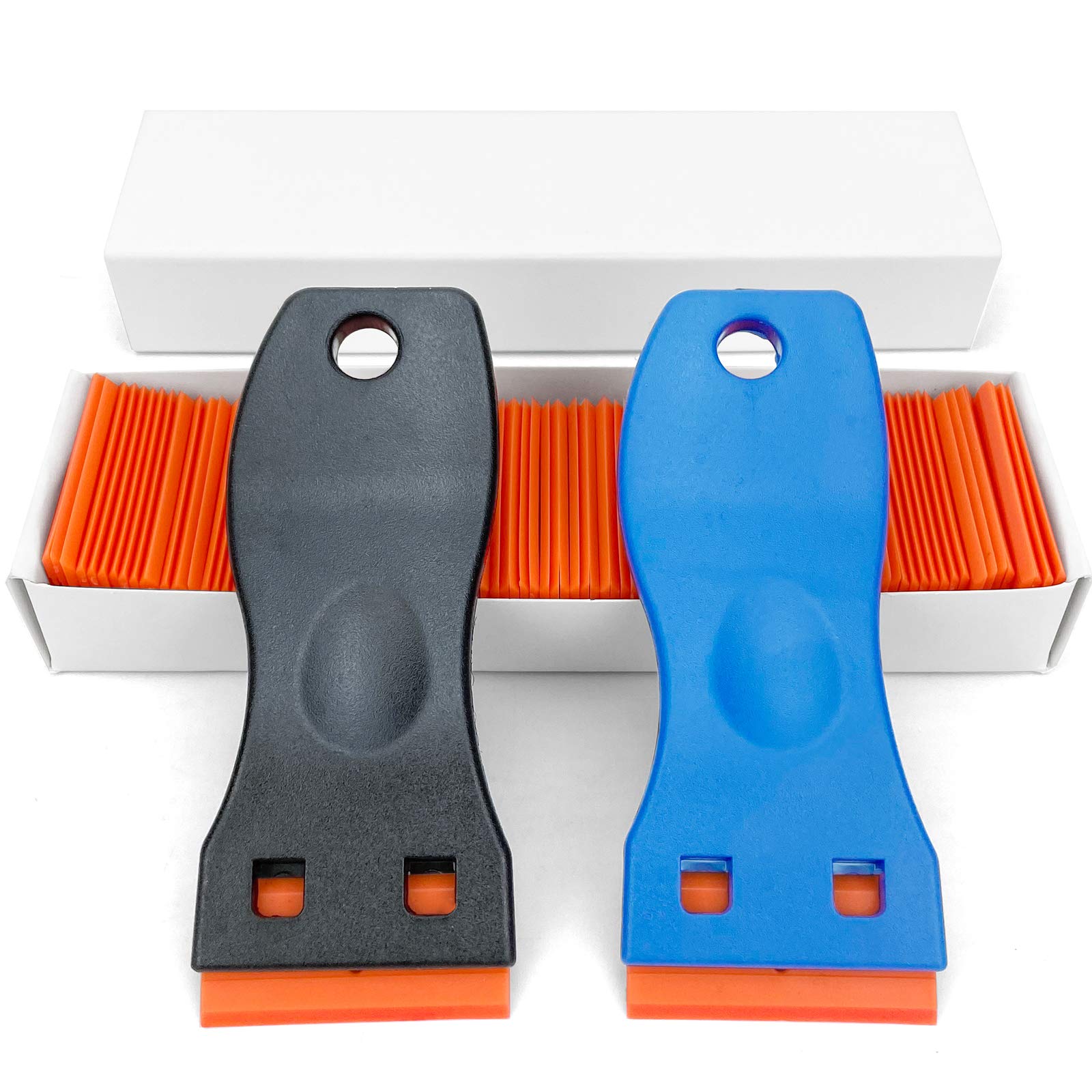 Ewrap 2PCS Plastic Window Scraper Tool, Scraper for Hob Includes 100 Piece Plastic Scraper Replacement, for Remove Labels Stickers Decals, Safe to Glass