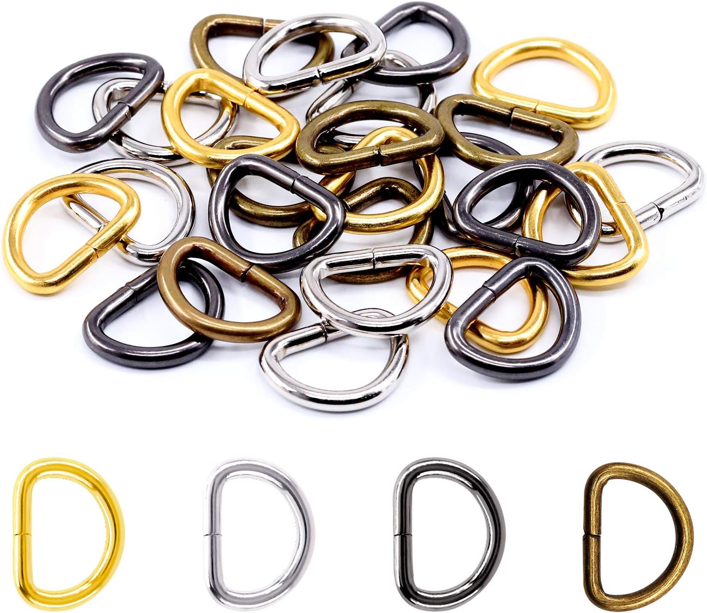 120 Pcs 5/8 Inch 15mm Strong Metal Webbing Assorted Set 4 Colors Multi-Purpose Keychains D Ring, Handbag Strap Loop Clasp Hook D Buckles Semi-Circular D-Rings for DIY Accessories(15mm)