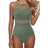 Holipick Crochet Tummy Control One Piece Swimsuit Modest Bathing Suit High Neck Full Coverage Swimwear