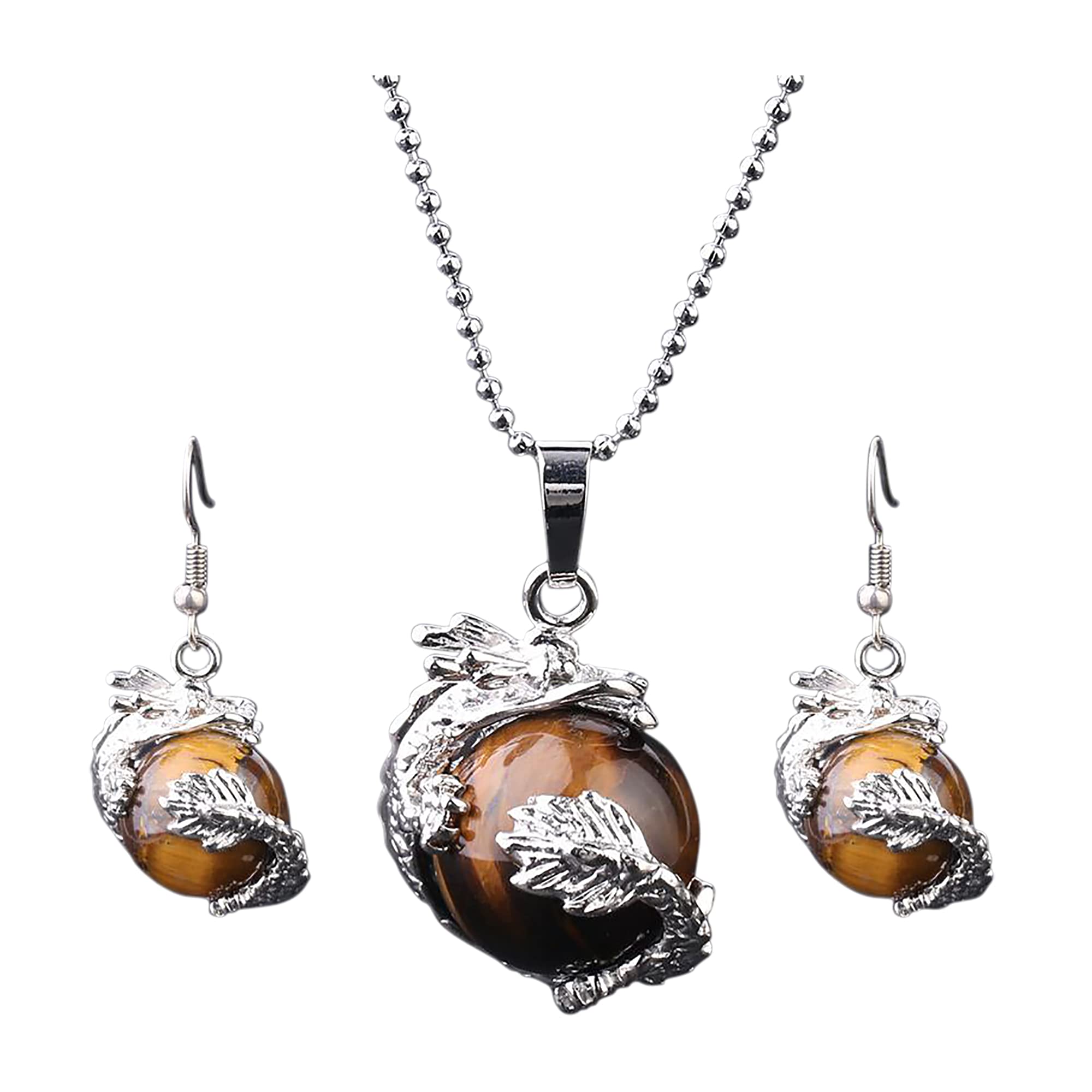 Helena Rose Earring & Necklace Jewellery Set for Women - Silver Totem Gothic Style Dragon Wrap Design - Natural Tigers Eye Stone Pendant Ball Charm - Plus Gift Box