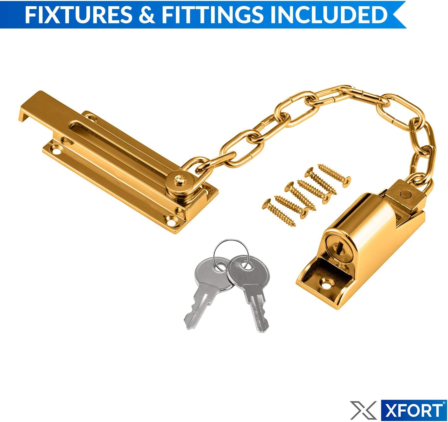 XFORT® Polished Brass Locking Door Chain, Security Chain with Door Lock