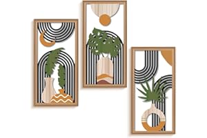 Boho Wall Art Set of 3, Minimalist Framed Wall Art Geometric Line Leaf Artwork Paintings, Abstract Background Modern Artwork 