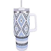 Cupcupmore 40 oz Blue Diamond Bling Rhinestone Stainless Steel Sippy Tumbler Glitter Vacuum Insulated Water Bottle with Straw & Lid &Handle,Sparkle Car Cup Holder,Keeps Cold 12 Hours Drinks,Coffee