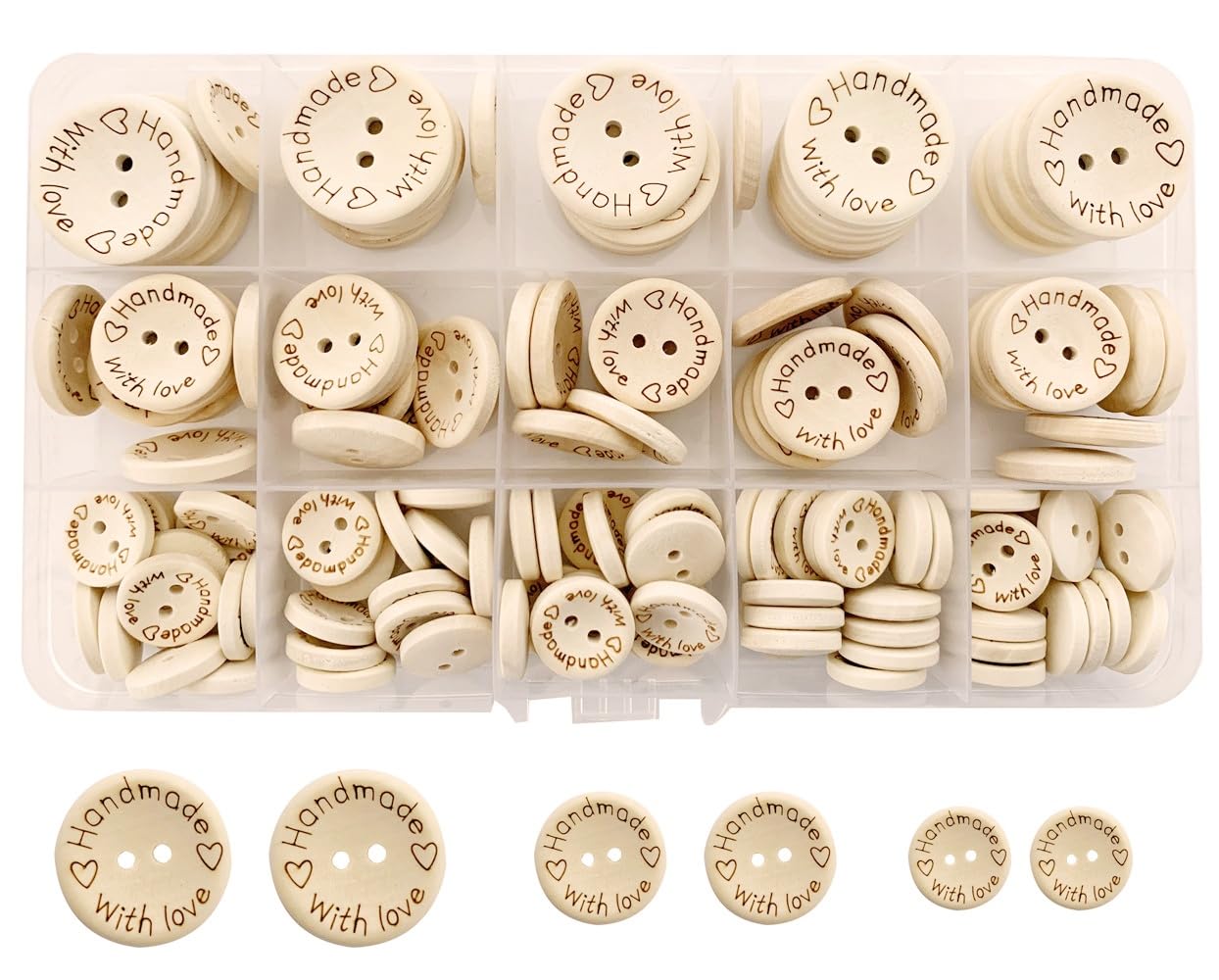 140Pcs Wood Buttons Set for Sewing and15mm 20mm 25mm Crafting Handmade with Love Wooden Button (Natural-Mixed Size-140Pcs)