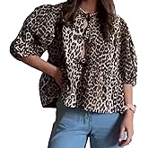 Tie Front Tops Womens Y2k Leopard Print Peplum Babydoll Top 3/4 Length Puff Sleeve Coquette Cute Going Out Tops