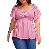 Eytino Plus Size Tops for Women Sweetheart Neck Short Sleeve Peplum Blouse Summer Loose Babydoll Shirts(1X-5X)