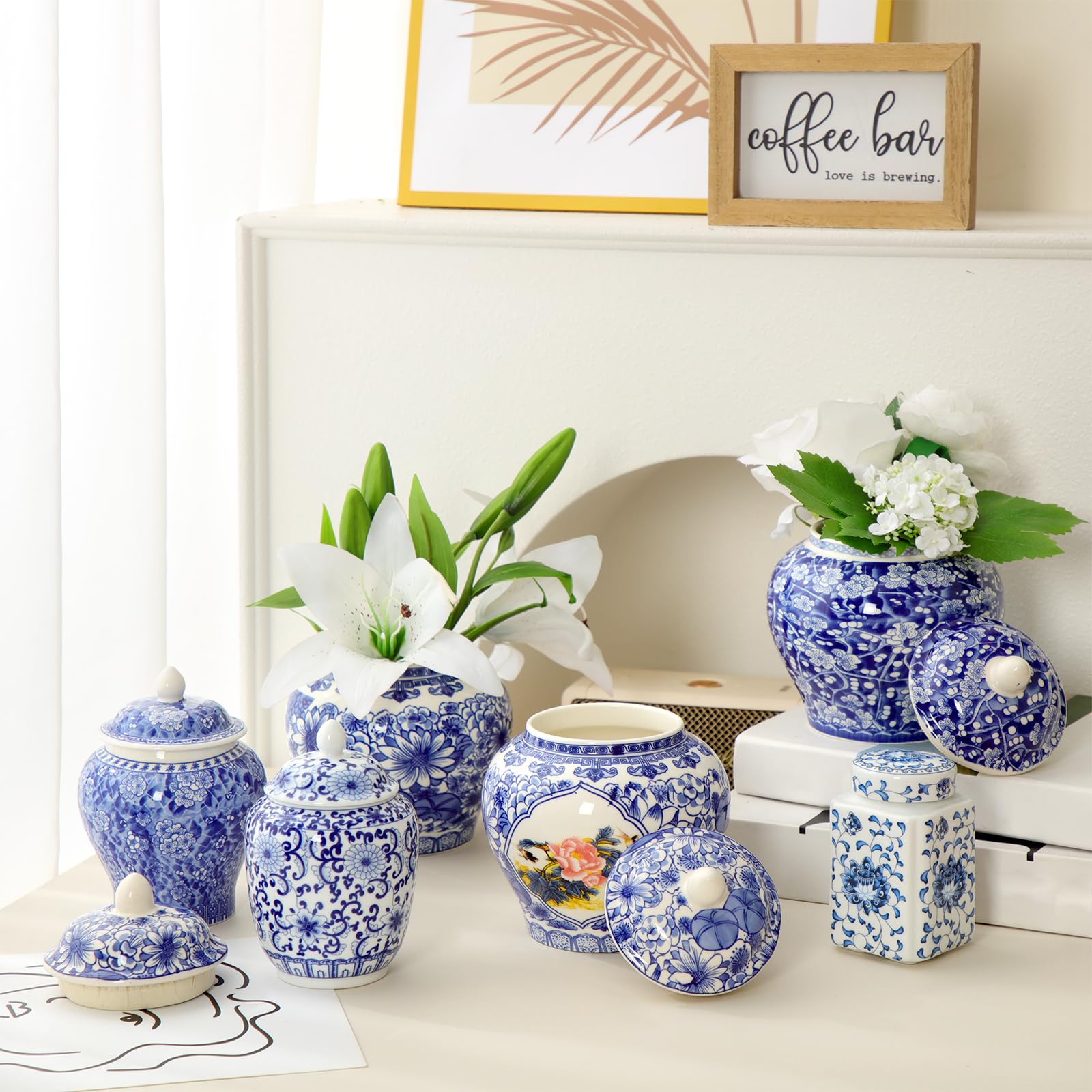 Photo 1 of Hushee 6 Pcs Small Blue and White Vase Porcelain Vases Blue Chinoiserie Decor Porcelain Ginger Jars for Home Chinoiserie Decor for Bedroom Living Room Console Table Accent Shelf Tabletop