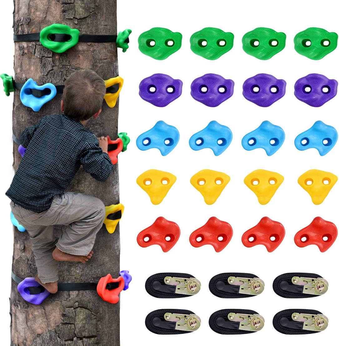 TOPNEW 20 Ninja Tree Climbing Holds for Kids Climber, Adult Climbing Rocks with 6 Ratchet Straps for Outdoor Ninja Warrior Obstacle Course Training: Toys & Games