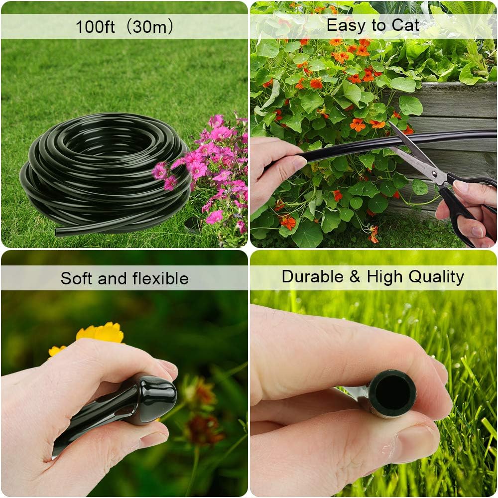 MultiOutools Distribution Tubing 1/2 inch 1/4 inch Drip Irrigation Tubing Hose, 50FT 100FT Heavy Duty Drip Irrigation Kit for Lawn Garden Watering (1/4” tubing 100ft, Black) : Garden & Outdoor