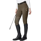 SANTINY Women's Horse Riding Pants with Zipper Pockets Knee-Patch Schooling Tights Equestrian Breeches for Women