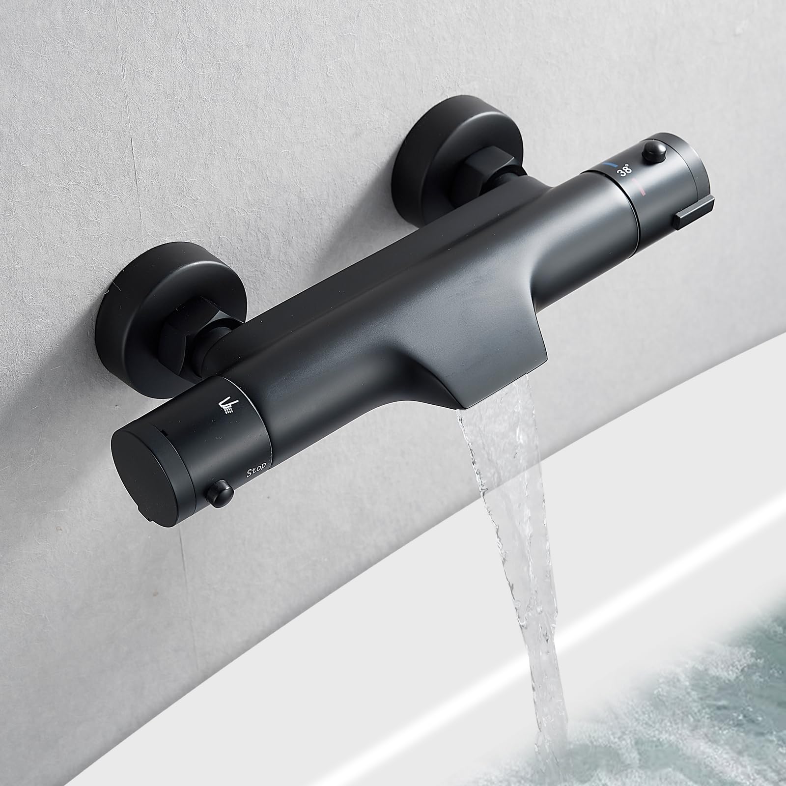 KEOKBON Thermostatic Bath Shower Mixer Tap,38℃ Safety Anti-Scald Bathtub Shower Mixer Bar Valve with Waterfall Bath Filler Spout, Exposed Brass Thermostatic Shower Tap Anti Scald, Wall Mounted, Black