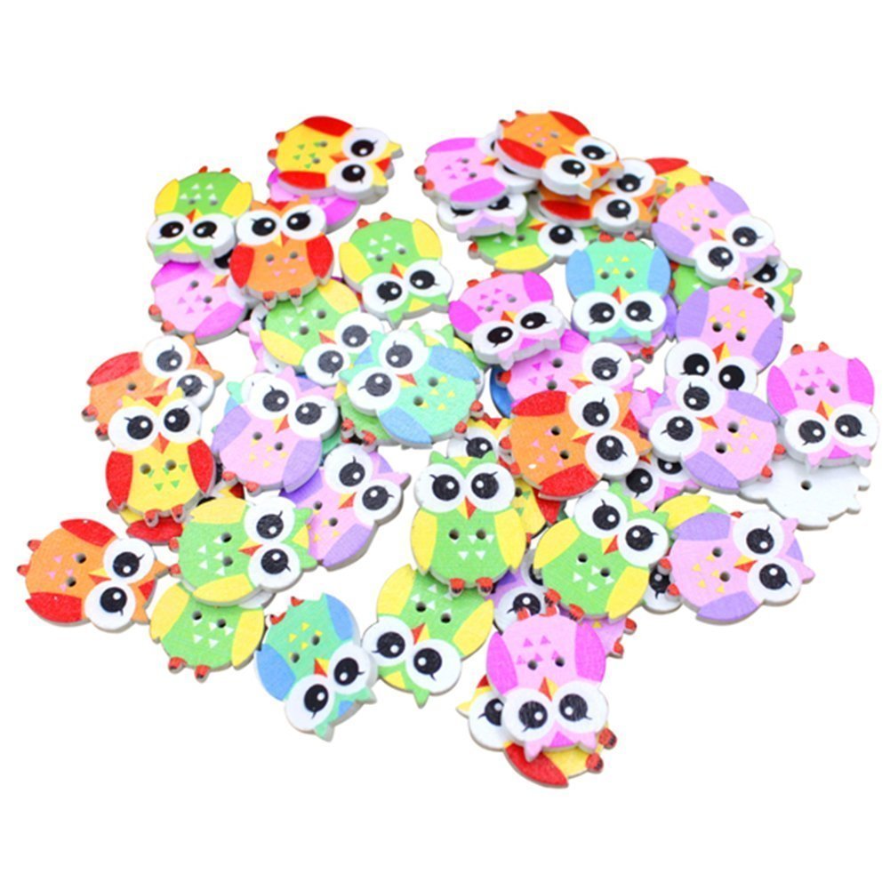 NAMVO 100pcs Multicolored Cartoon Animal 2 Holes Wood Sewing Buttons-Owl