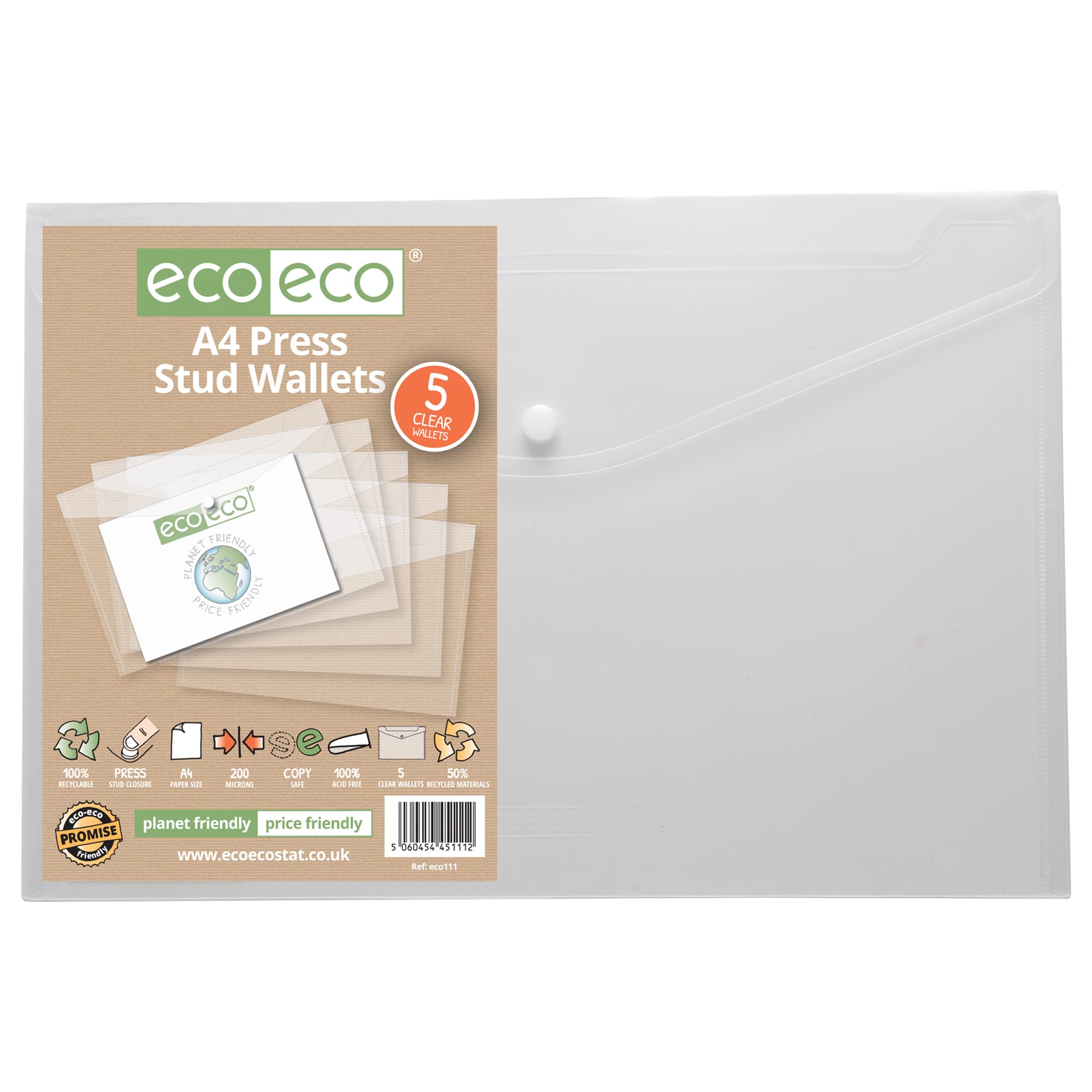 eco-eco A4 50% Recycled Clear Transparent Press Stud Popper Wallet, Plastic Folders 310x238mm (Pack of 5), 200mic, eco111