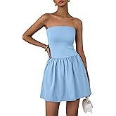 PRETTYGARDEN Women's Summer Strapless Mini Party Dress Spring Casual Tube Top Ruffle A Line Short Patchwork Sundresses