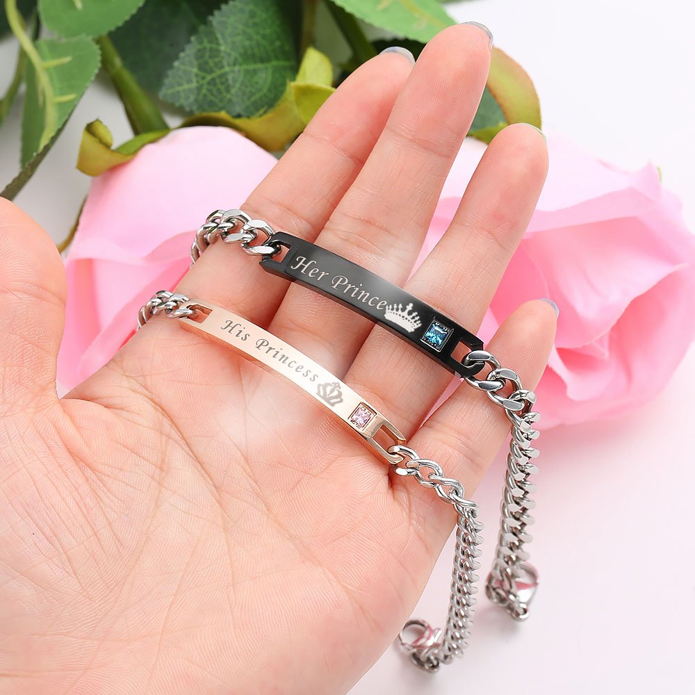 Gagafeel His Hers Matching Set Titanium Stainless Steel His Queen Her King Couple Bracelet 2 pcs with Gift Box (His Princess Her Prince)