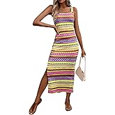 PRETTYGARDEN Tank Dress for Women 2026 Summer Casual Striped Maxi Dresses Fitted Square Neck Beach Vacation Bohemian Sundress