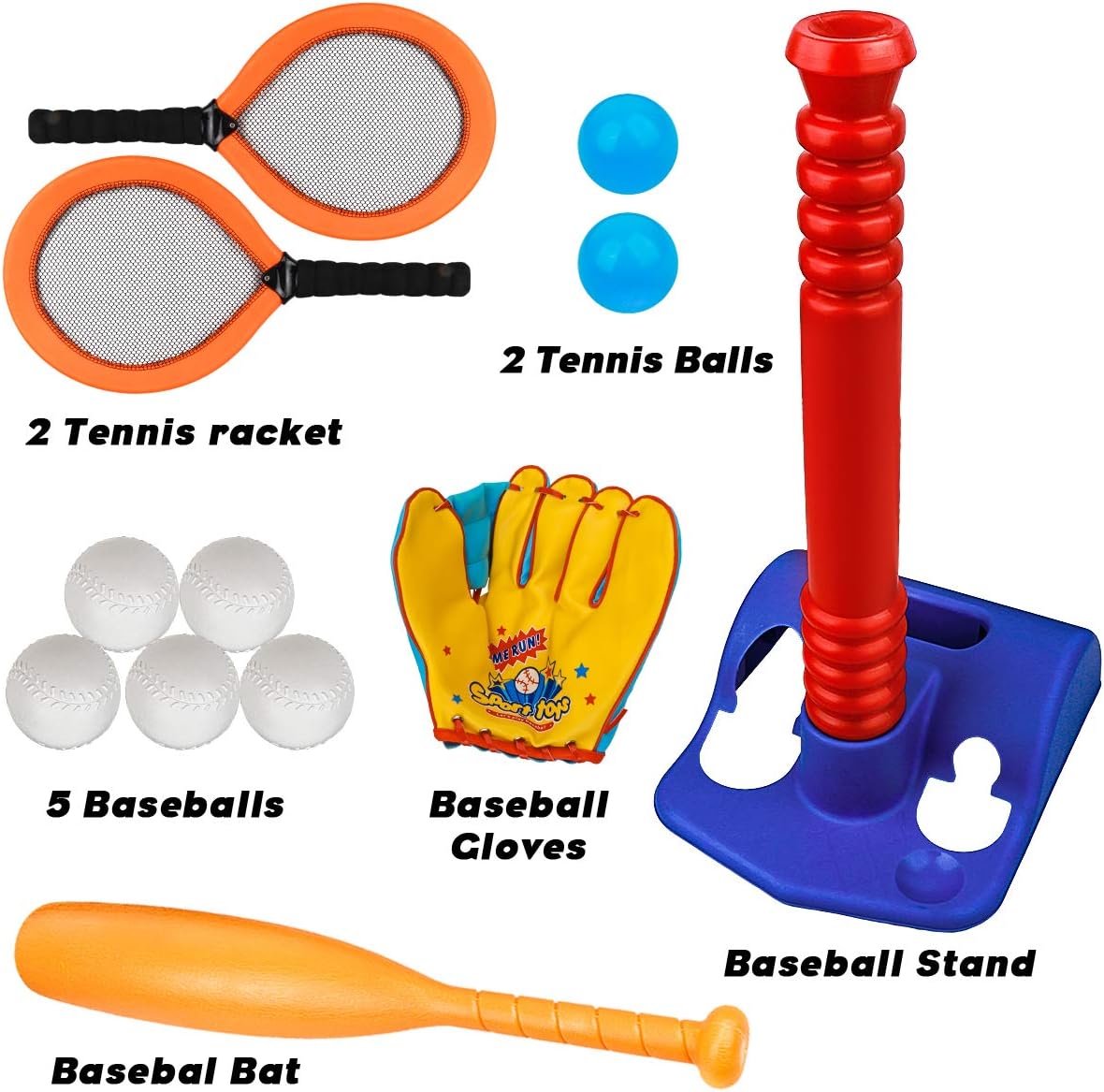 Meland T-Ball Set for Toddlers - Tee Baseball Sport Game with Toy Tennis Rackets, Baseball Gloves, 7 Balls, Outdoor Toy Birtday for Kids: Toys & Games