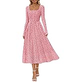 MEROKEETY Women's Floral 2025 Fall Midi Dresses Long Sleeve Square Neck Flowy A Line Wedding Ruched Dress Pockets