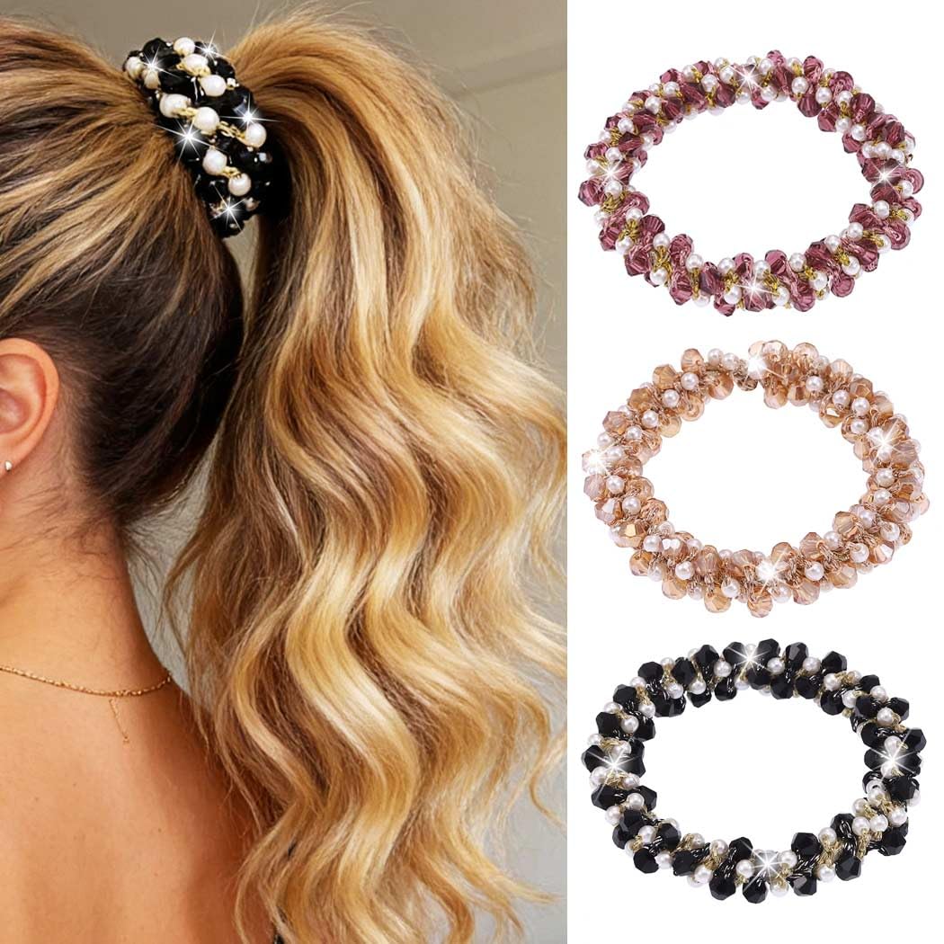 Zoestar Pearl Hair Ties Crystal Hair Scrunchies Elastic Hair Ropes Ponytail Holder Fashion Hair Accessories for Women and Girls(Pack of 3) (A)