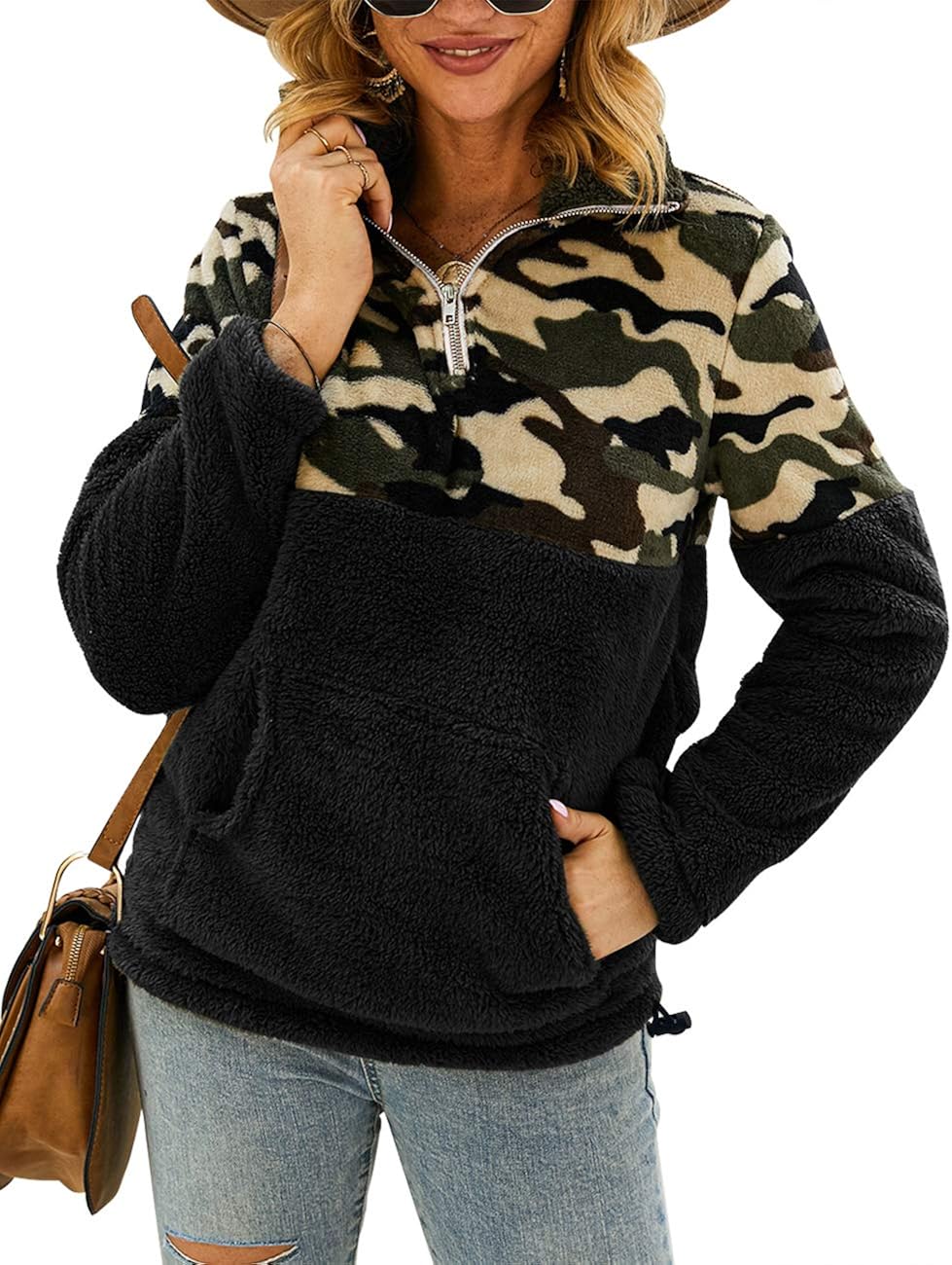 MEROKEETY Women's Long Sleeve Contrast Color Zipper Sherpa Pile Pullover Tops Fleece with Pocket at  Women’s Clothing store