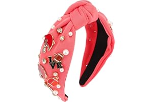 Vovii Football Headband for Women, Knotted Pearl Rhinestone Jeweled Headband for Football Mom Fans, Football Headbands Hair Accessories Game Day Outfits for Women (Watermelon Red)