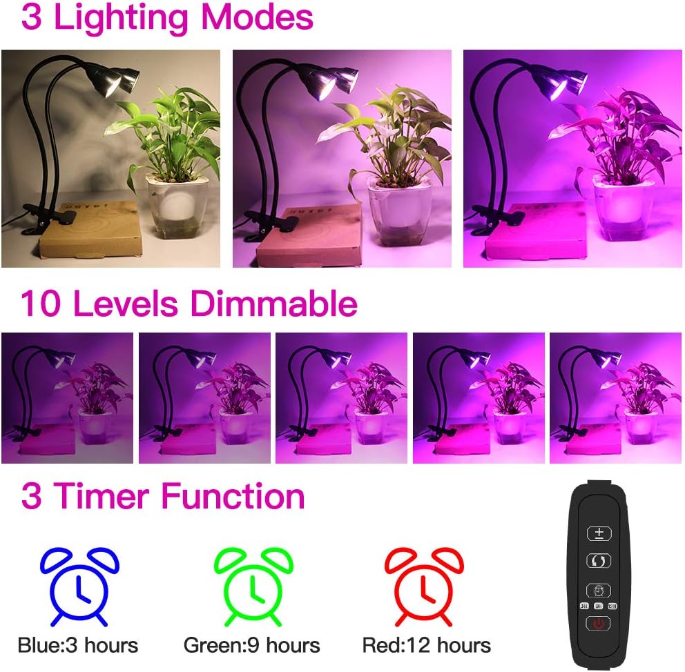 LED Grow Light for Indoor Plant,360° Gooseneck Dual Head Clip-on Plant Lights for Seedlings Succulents Micro-Greens,Timer Function (3 Modes & 10-Level Brightness): Home Improvement