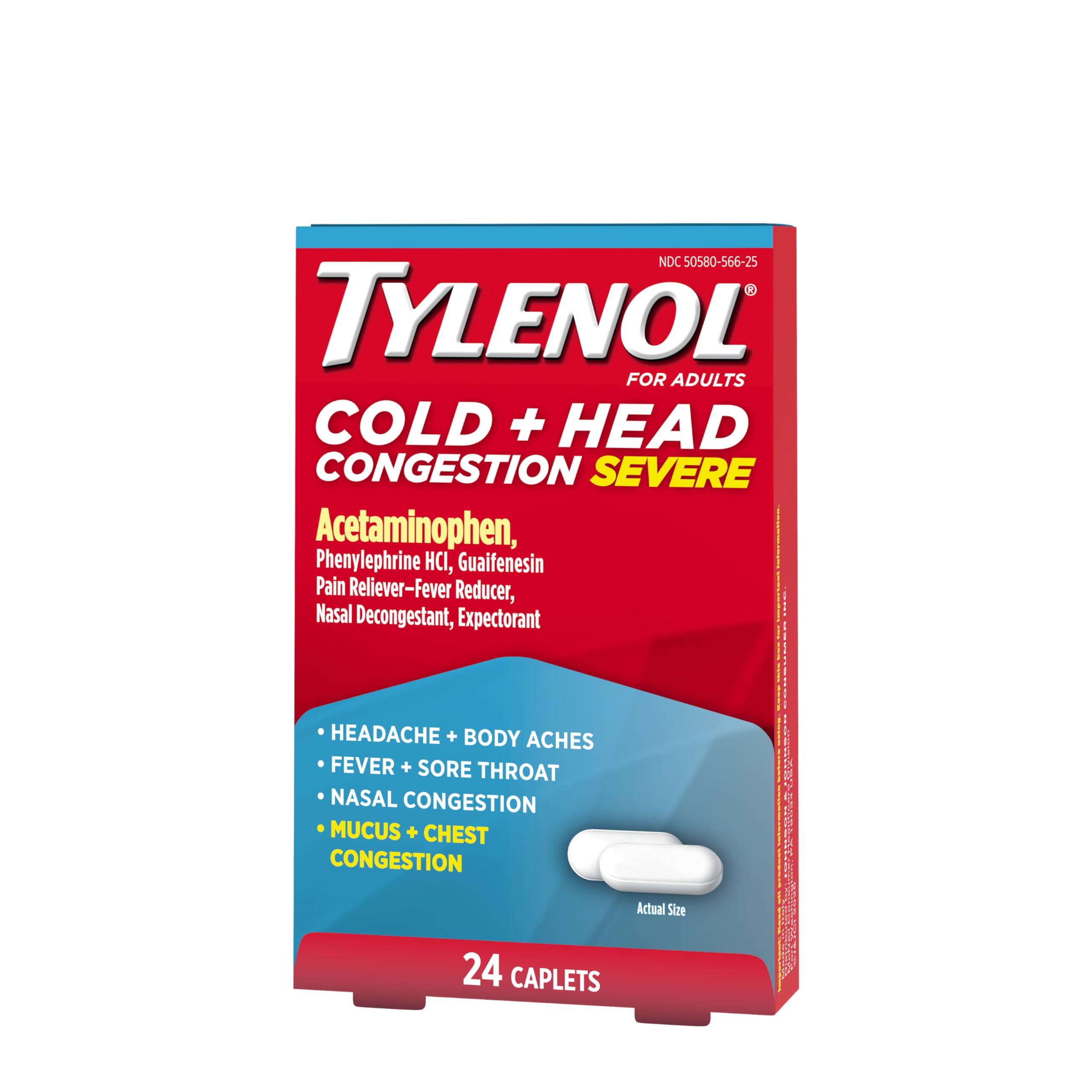 Tylenol Cold + Head Congestion Severe Medicine Caplets for Fever, Pain, and Congestion, Acetaminophen Pain Reliever, Fever Reducer, 24 Count