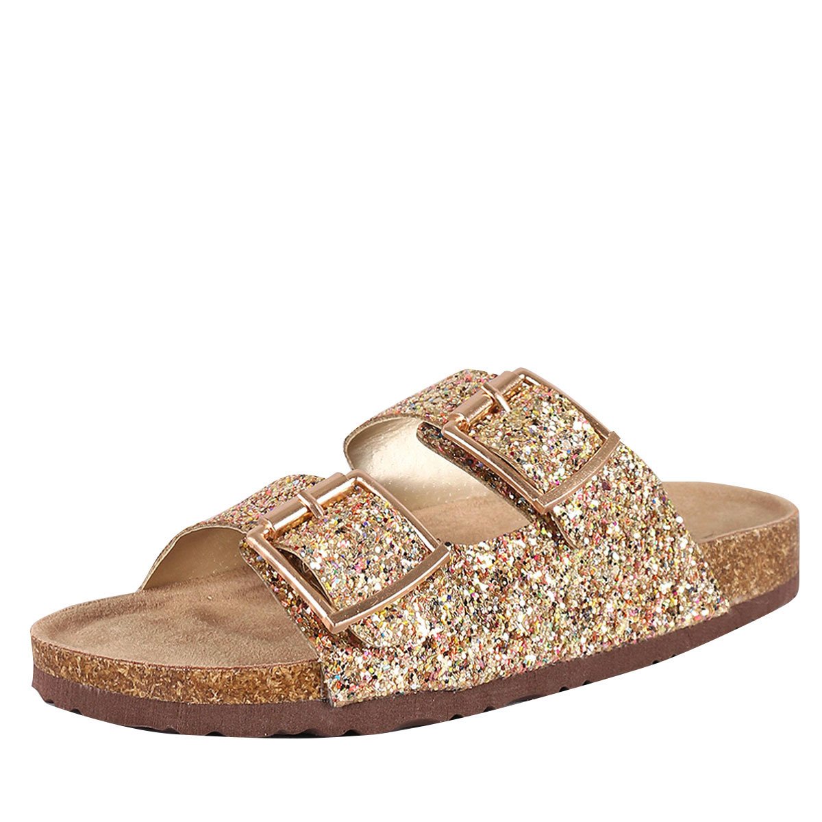 Forever Womens Open Toe Double Buckle Glitter Slide Flat Sandal Flip Flops Slipper Shoes 8 Gold