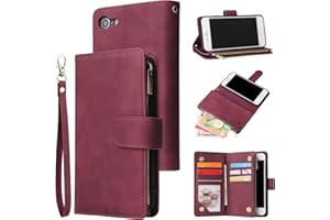 UEEBAI Wallet Case for iPhone SE 2022 5G/iPhone 7/iPhone 8/iPhone SE 2020,Premium PU Leather Magnetic Handbag Zipper Pocket Card Slots with Wrist Strap Flip Case for iPhone SE3/SE2 - Wine Red