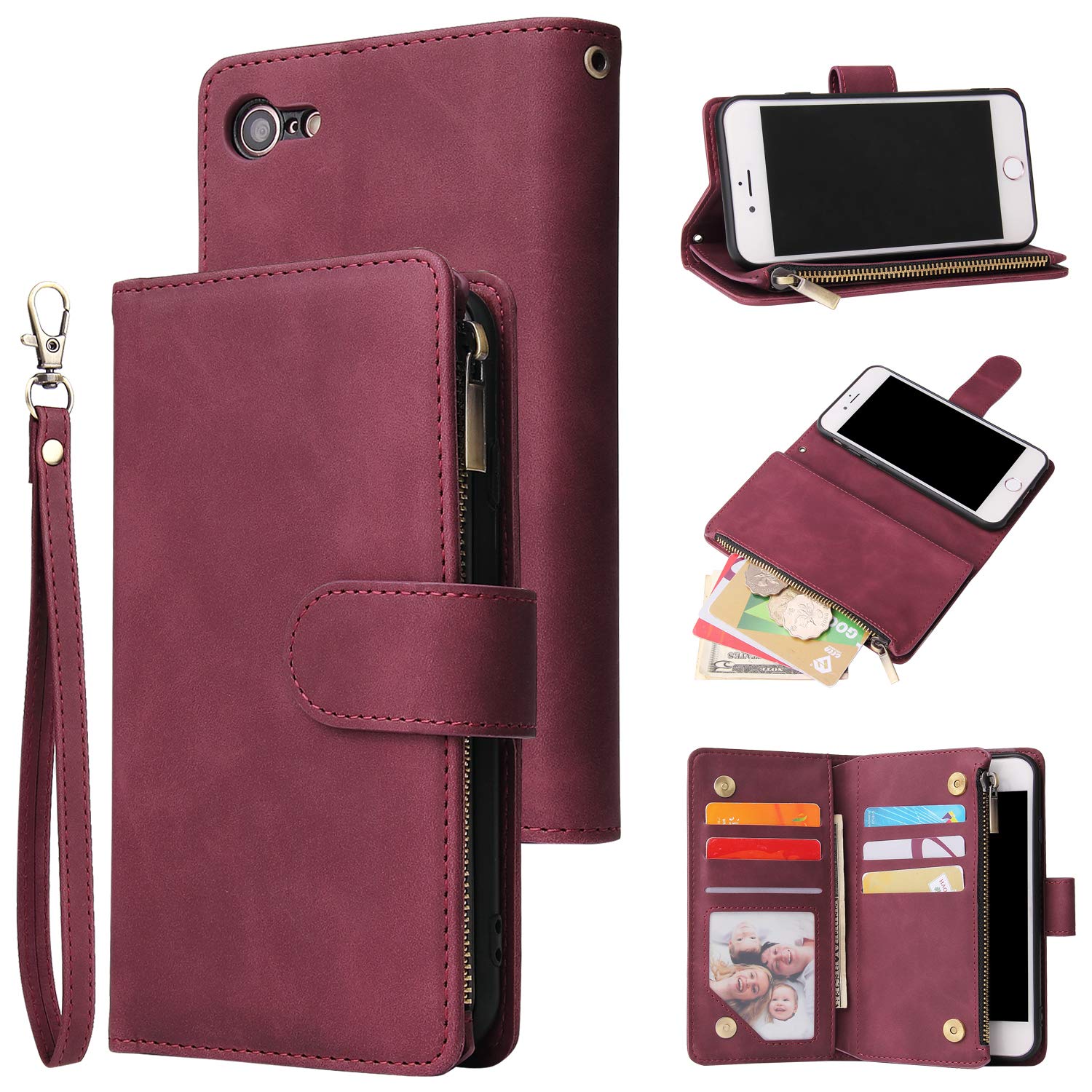 UEEBAI Wallet Case for iPhone 7/8/SE 2022 5G/SE 2020, Premium PU Leather Magnetic Handbag Zipper Case Kickstand Card Slots Wrist Strap Flip Cover for iPhone SE3/SE2 - Wine Red