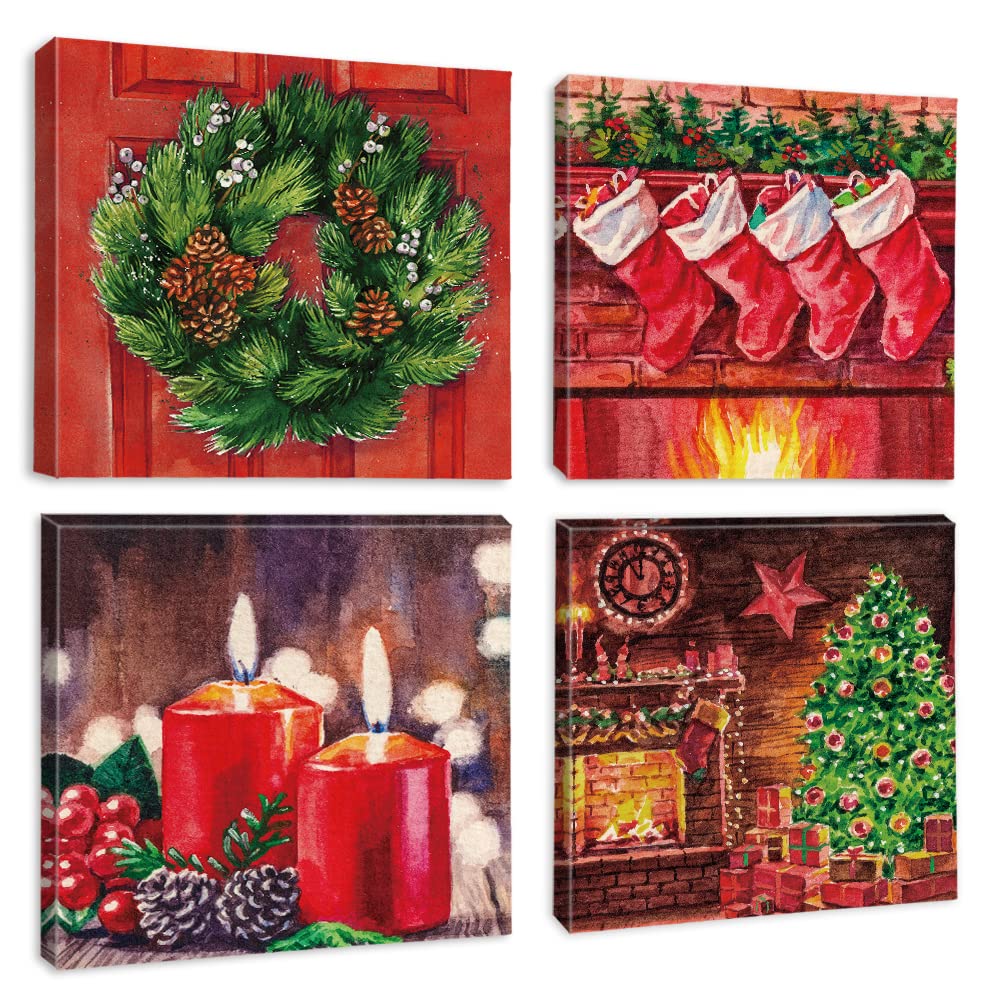 Artscope 4 Pieces Christmas Wall Art Canvas Prints - Red Xmas Candle Sock Picture Painting - Modern Wall Artwork Framed for Gifts Bathroom Home Kitchen Office Christmas Decor - 30 x 30 CM