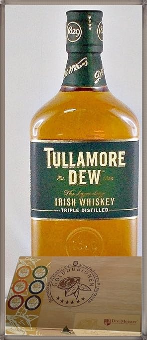 Tullamore Dew Irish Whiskey und 45 DreiMeister Edel Schokoladen im Holzkistchen, kostenloser Versand
