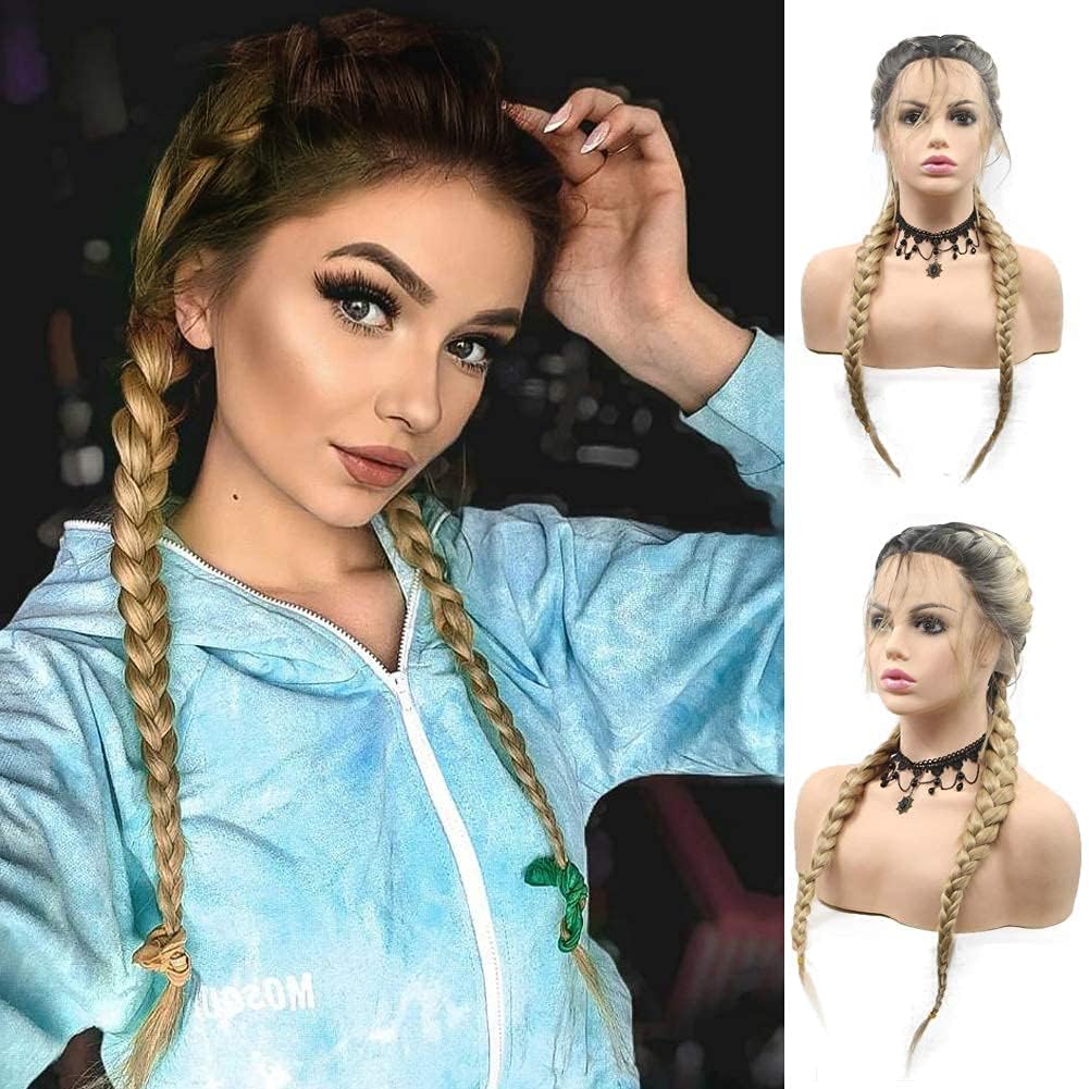 xiweiya blonde with brown root Double Braids Synthetic Lace Front Wig add Human Weaving Part with Baby Hair Wig Heat Resistant Fiber Middle Part 24 inch โ image 1