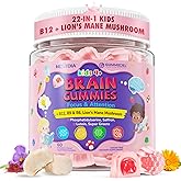 Kids Brain Gummies with Lion's Mane Mushroom, Methyl B6, B9, B12, Super Greens, Lutein, Brain Booster Supplement for Focus & Attention, Cognitive Function, Vision & Energy, Sugar Free, Vegan 60 Count