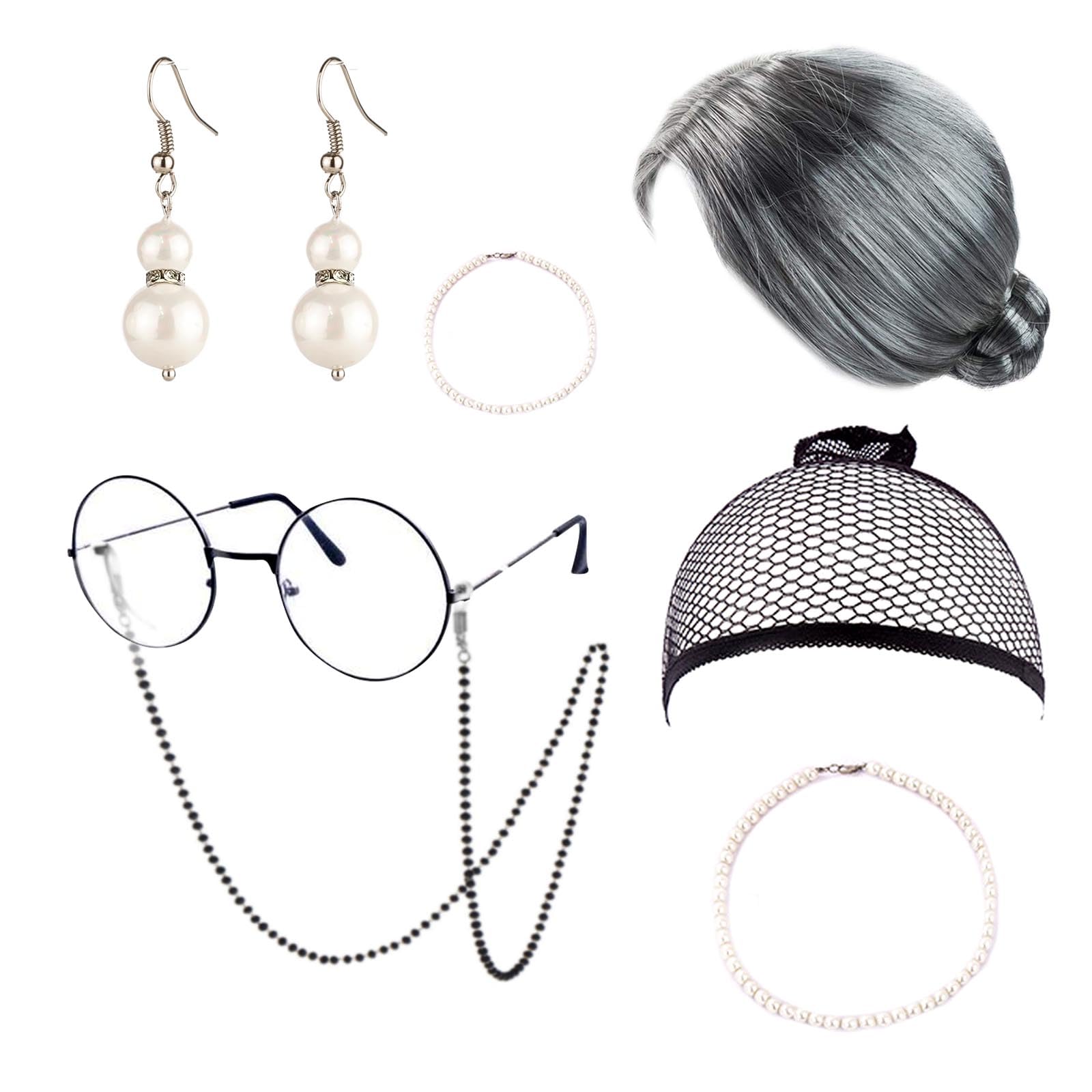 AWAVM 7PCS Old Lady costume Set Grandmother Wig Grey Wig Grandma Wig Granny Glasses Artificial Pearl Necklace Fancy Dress Accessories