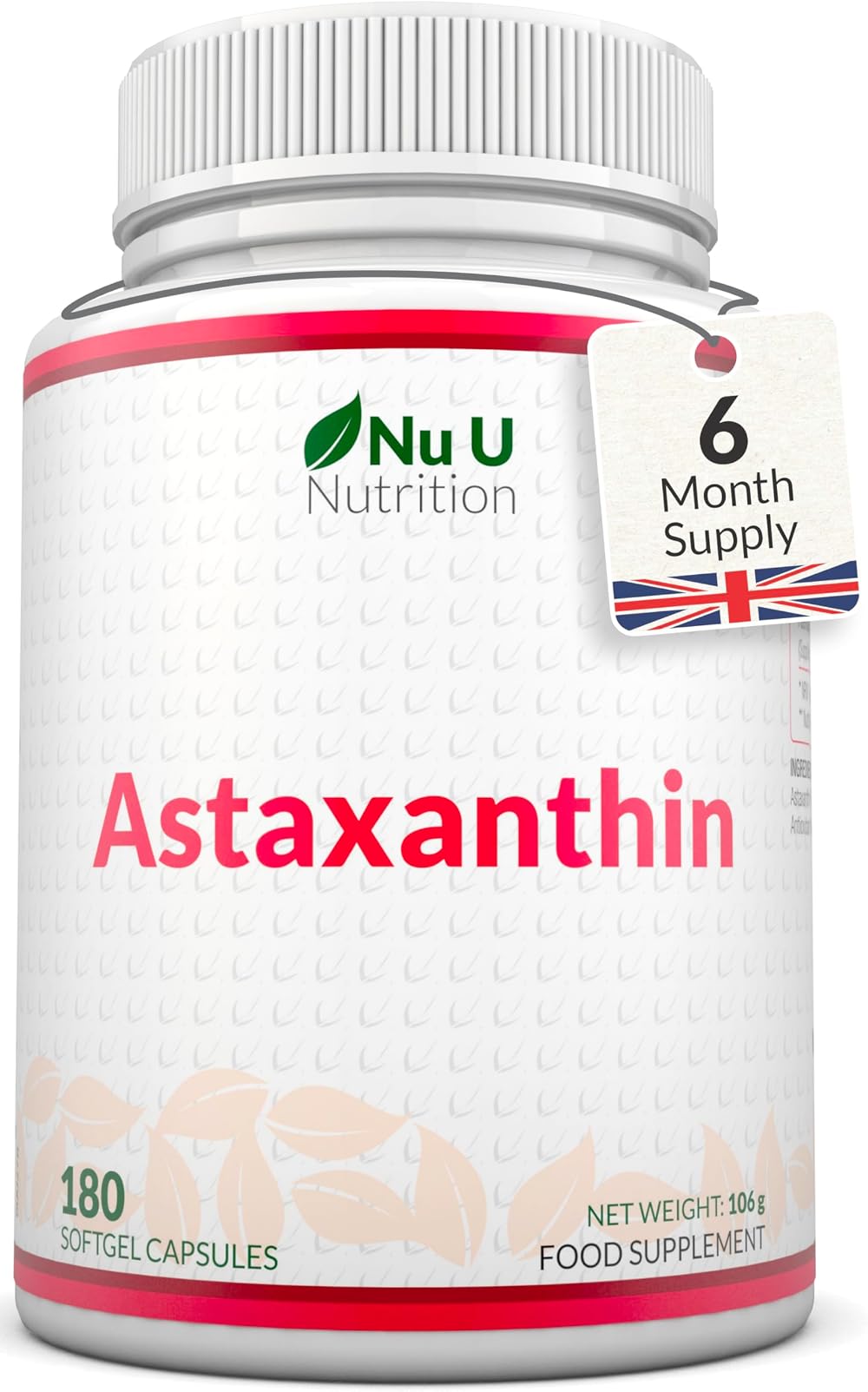 Nu U Nutrition Astaxanthin 12mg Softgel 180 caps 6 Month Supply UK Made