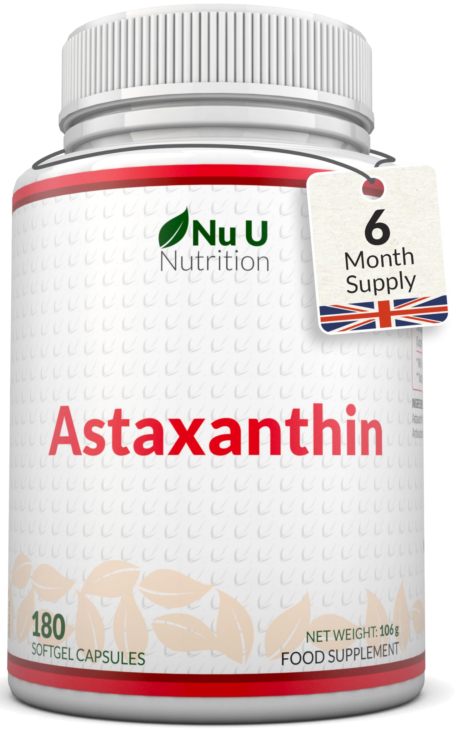 Astaxanthin 12mg - 180 High Strength Softgel Capsules - 6 Month Supply - Powerful Antioxidant Supplement - Astaxanthin from Haemotococcus Pluvialis Algae - Made in the UK - Nu U Nutrition