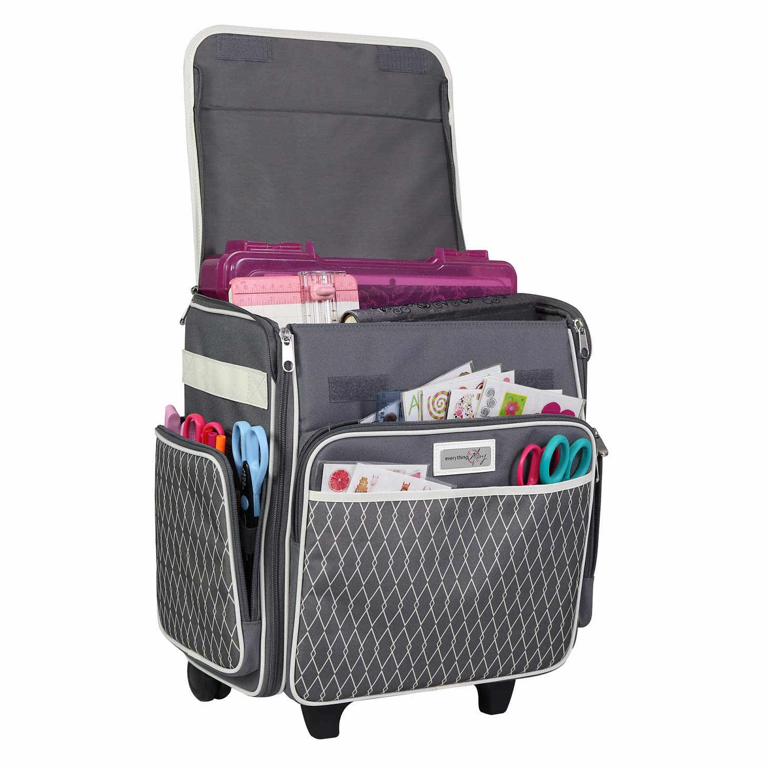 Everything Mary Wheeled Scrapbook Tote for Scrapbooking & Art - Travel Organizer Storage Bin for Paper, Glue, Tape Grey/White Diamond
