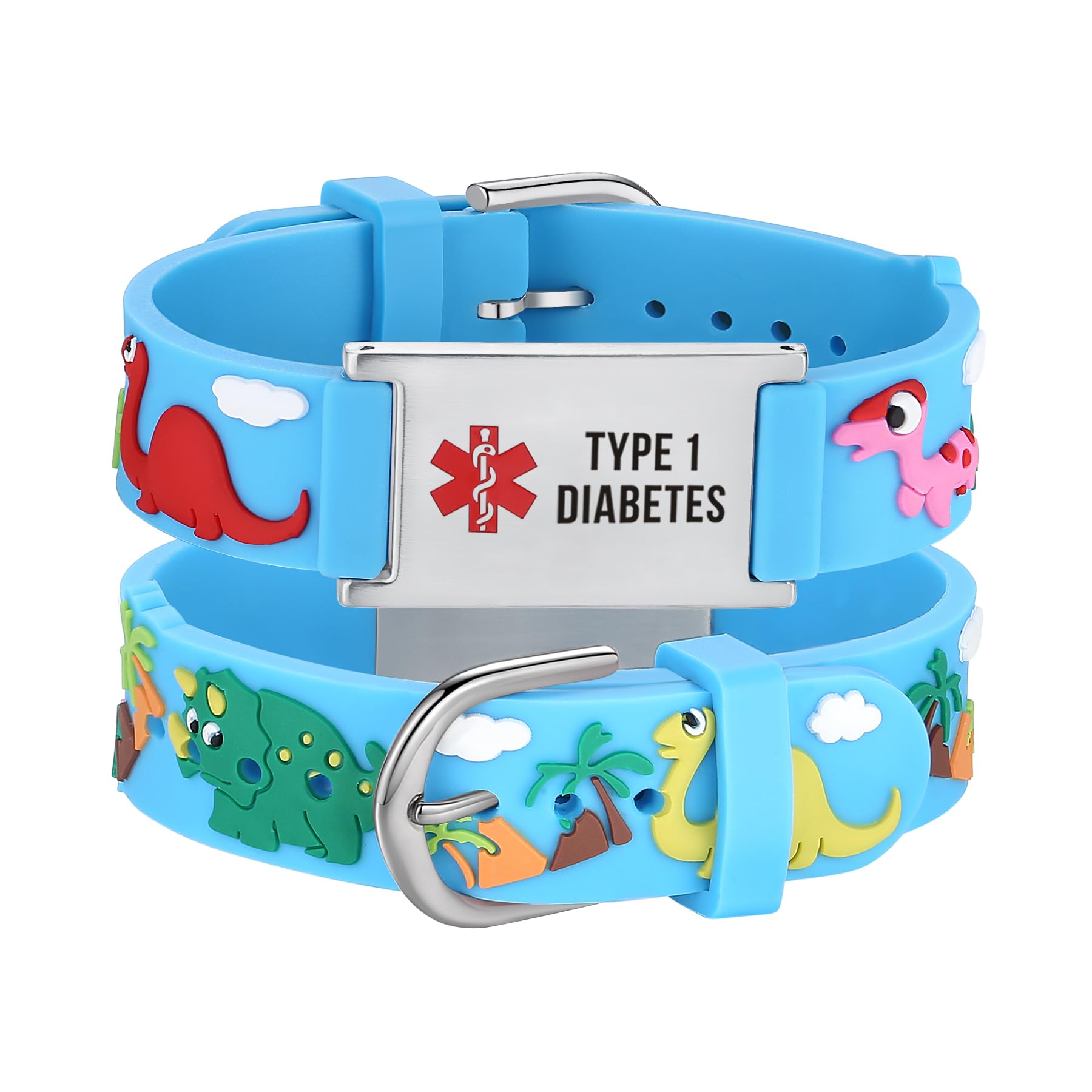 LinnaLove-Cartoon Dinosaur Medical Alert id Bracelet with engraving TYPE 1 DIABETES
