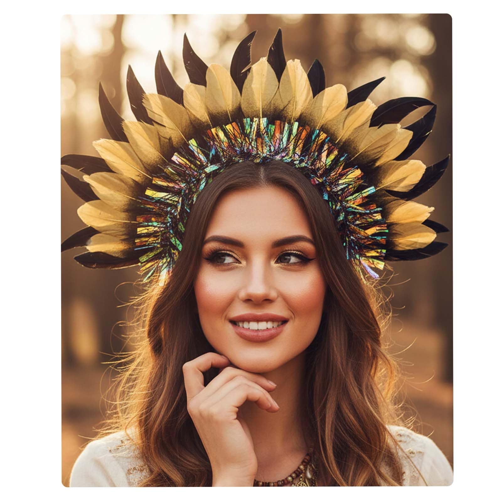 Flayem Indian Feather Headdress Gold Goddess Headband Carnival Accessories for Women