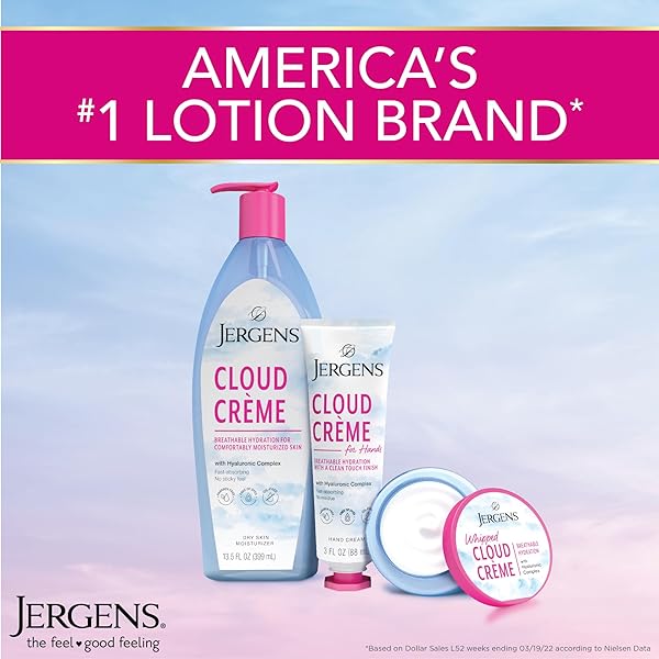 JERGENS CLOUD CREME BREATHABLE BODY LOTION, FAST-ABSORBING HYDRATING MOISTURIZER, PARABEN-FREE, WITH HYALURONIC COMPLEX, NON-GREASY APPLICATION, 13 OZ,WHITE