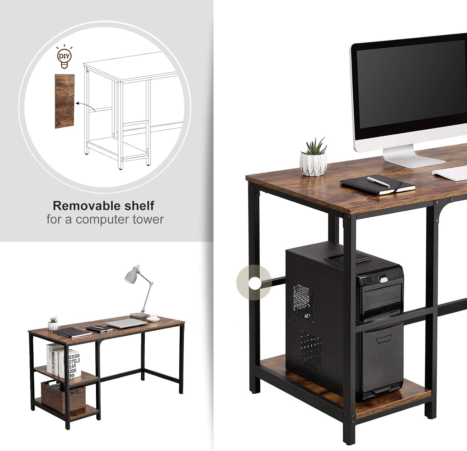 VASAGLE Computer Desk, 55-Inch Writing Desk, with 2 Shelves on Left or Right, Stable Steel Frame, Easy Assembly, Rustic Brown and Black ULWD55X: Home & Kitchen