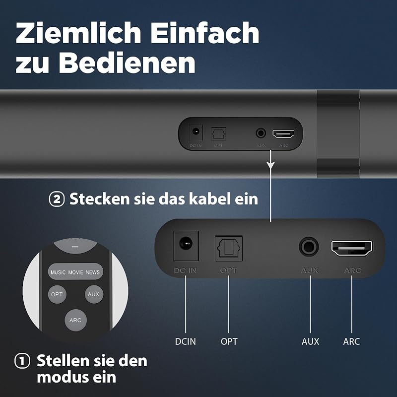 Soundbar für TV Geräte, Teilbare 2-in-1 Set of TV Soundbar, Auto-Volume-Boost, 3 Sound Modi, Surround Soundsystem, Bluetooth 5.3, ARC/Opt/Aux, TV Lautsprecher für Fernseher, Monitor, 1pcs — Foto 6 von 8