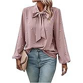 SweatyRocks Women's Pearls Bow Tie Mock Neck Long Sleeve Shirts Casual Loose Fit Blouse Top