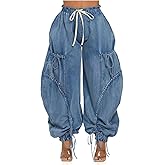 Women's Barrel Pants Y2k Baggy Cargo Jeans High Waisted Bow Tie Denim Pants with Drawstring Streetwear