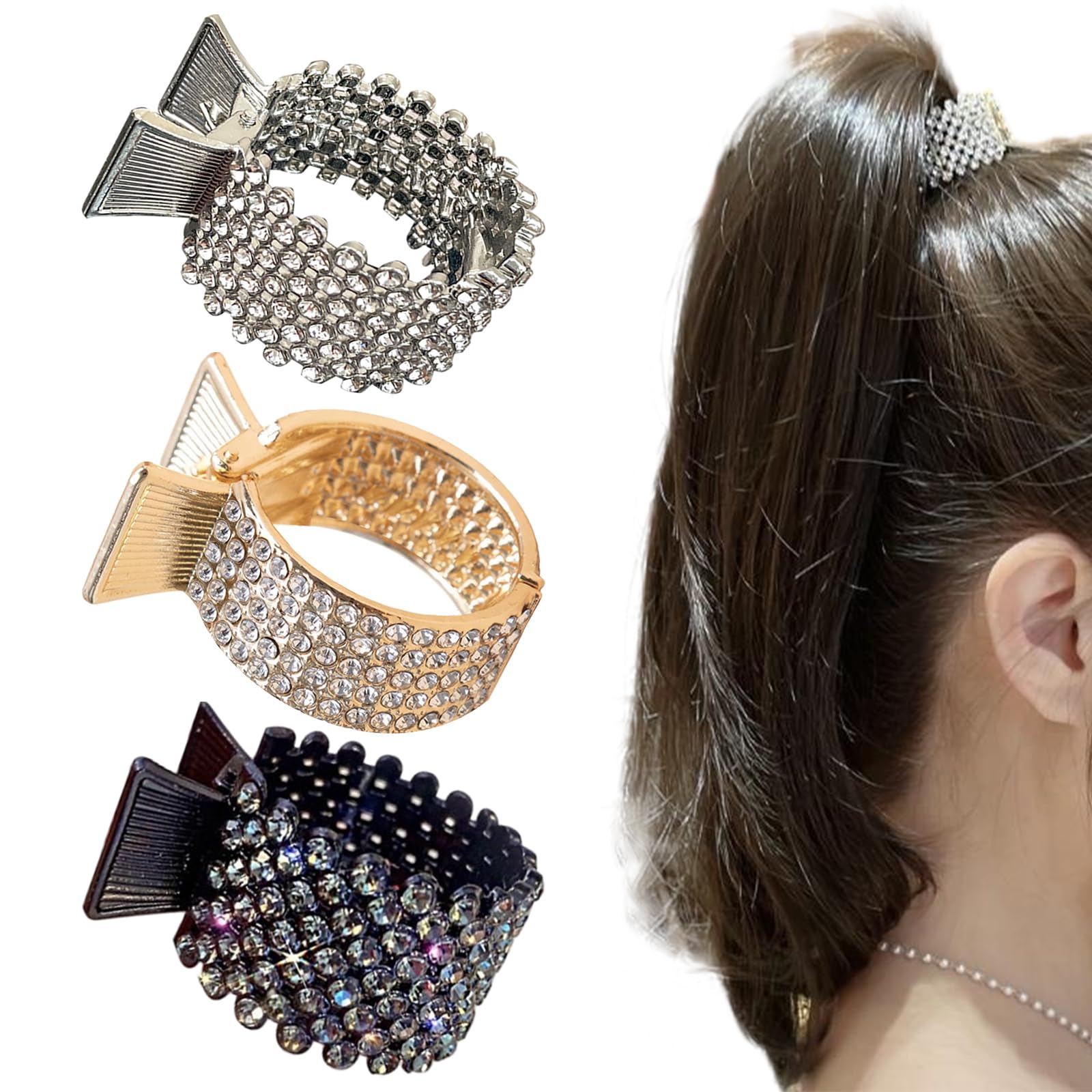 2 Pcs Hair Claw Clips, Rhinestone Hair Barrettes Gold Metal Silver Hair Ponytail Holder Hair Accessories For Women Girl Bridesmaid Bride Lady Wedding Prom Gift (Color 4)